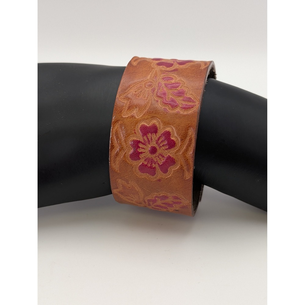 Unsigned Tooled Leather Floral Cuff Bracelet Tan Pink Western Boho Wide Snap